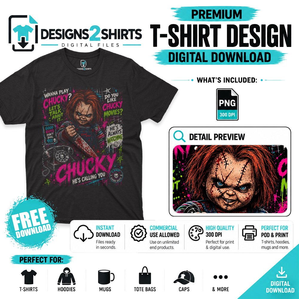 Chucky Halloween Horror Movie Free PNG design for Halloween apparel