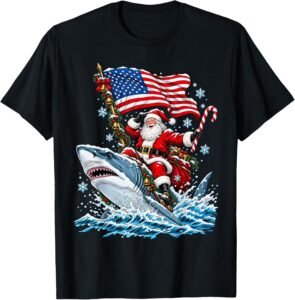 Santa Claus riding a shark with an American flag Christmas artwork
