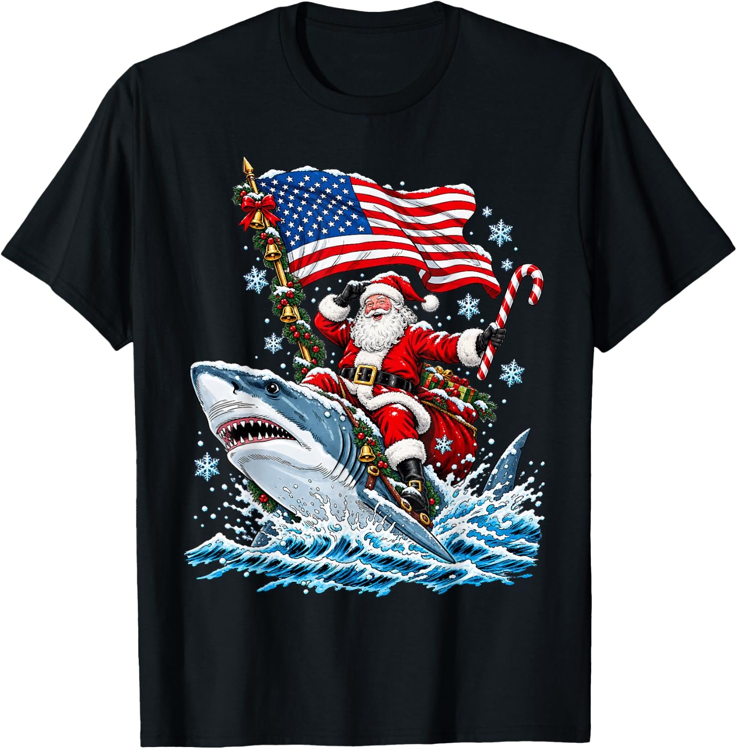 Santa Claus riding a shark with an American flag Christmas artwork