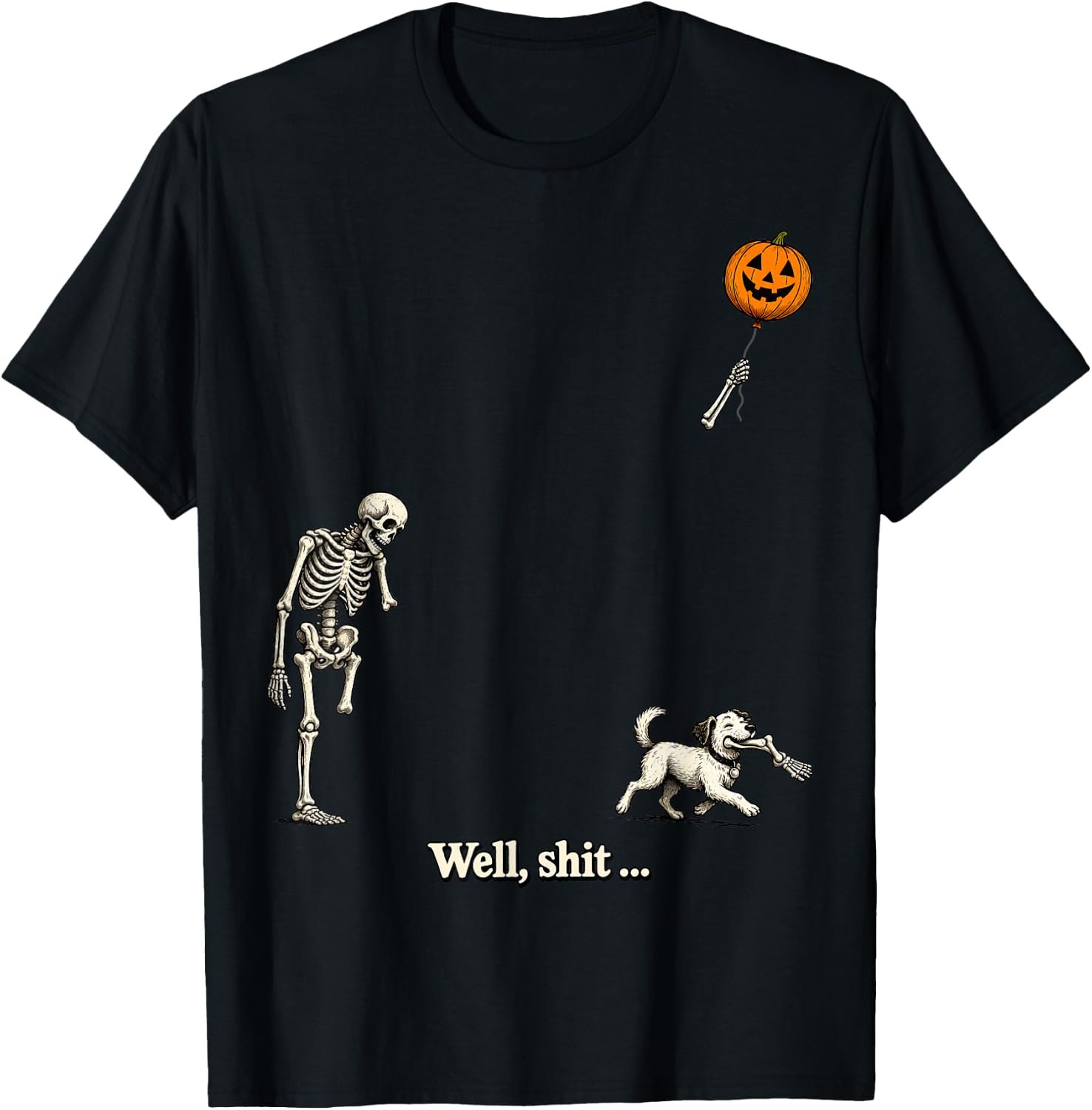 Funny skeleton with pumpkin balloons and cute dog