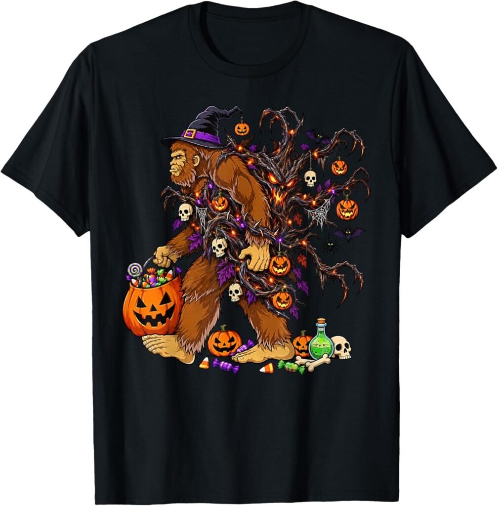 Halloween Bigfoot T-Shirt carrying a pumpkin in a spooky forest