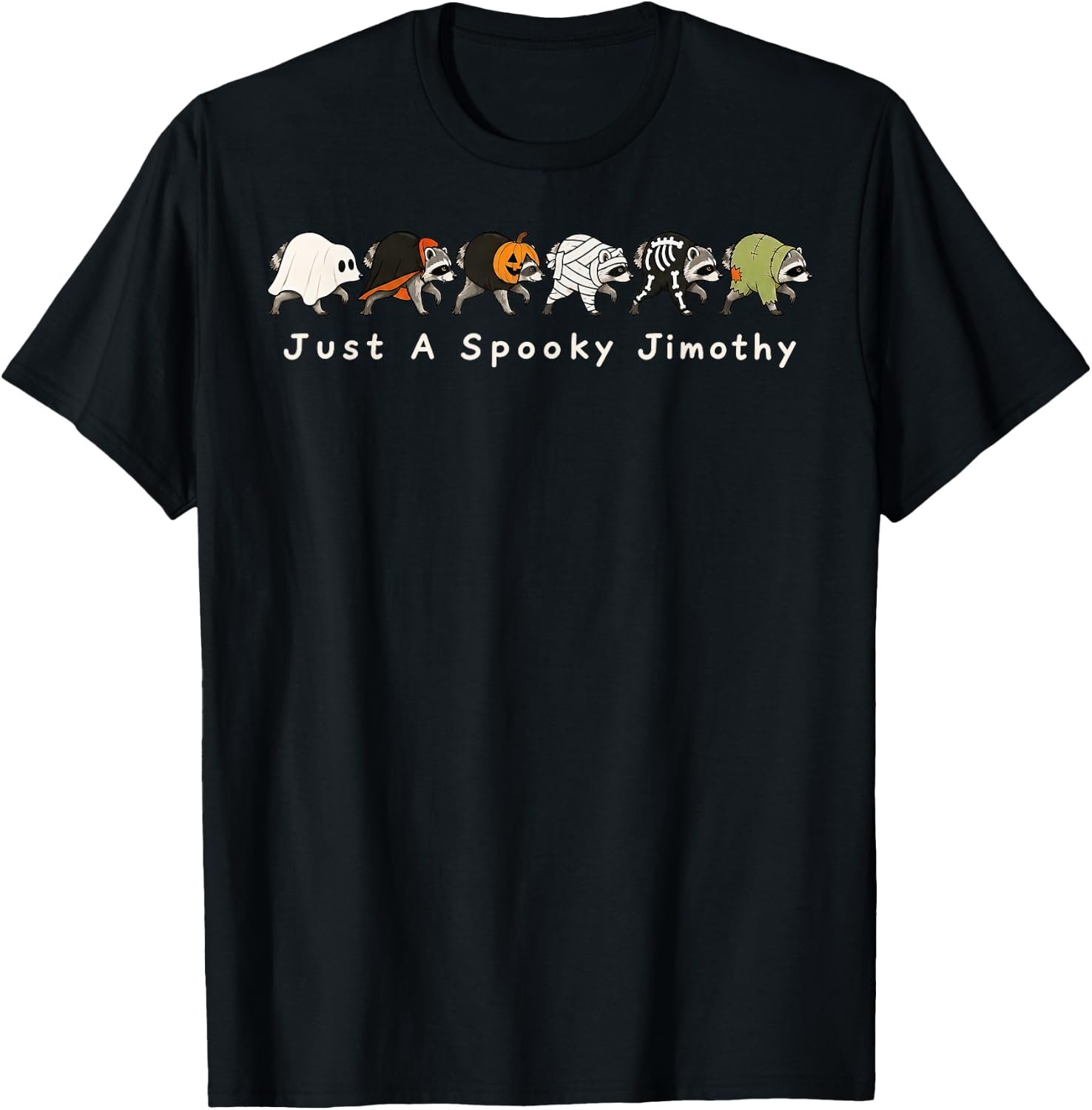 Jimothy raccoon with spooky Halloween monsters and skeleton artwork