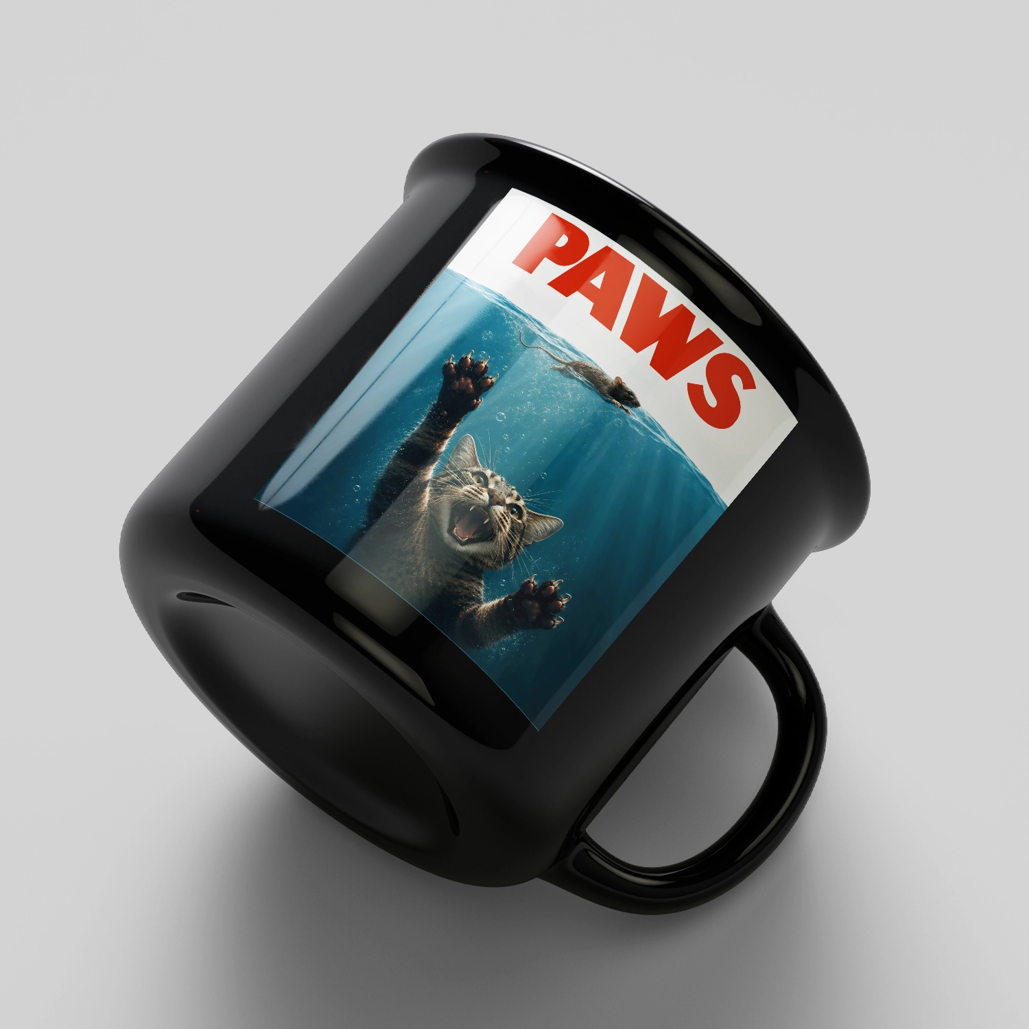 Humorous feline themed artwork displayed on a mug