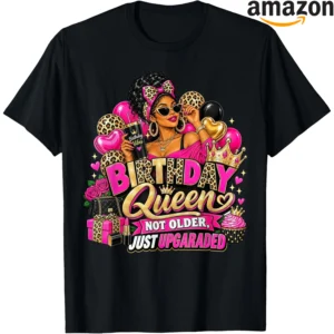 Black woman wearing a birthday-themed statement shirt at a celebration