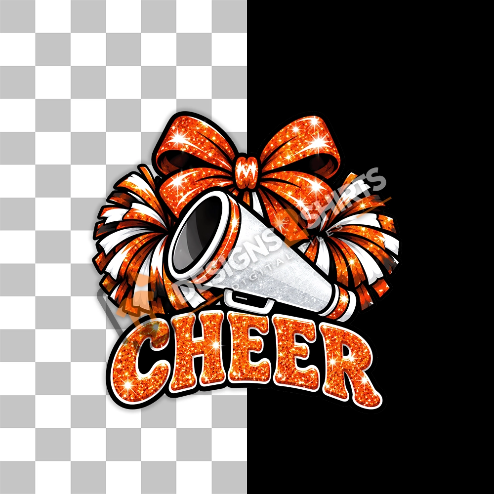 Cheer Orange Team Megaphone artwork displayed on a team-style apparel design