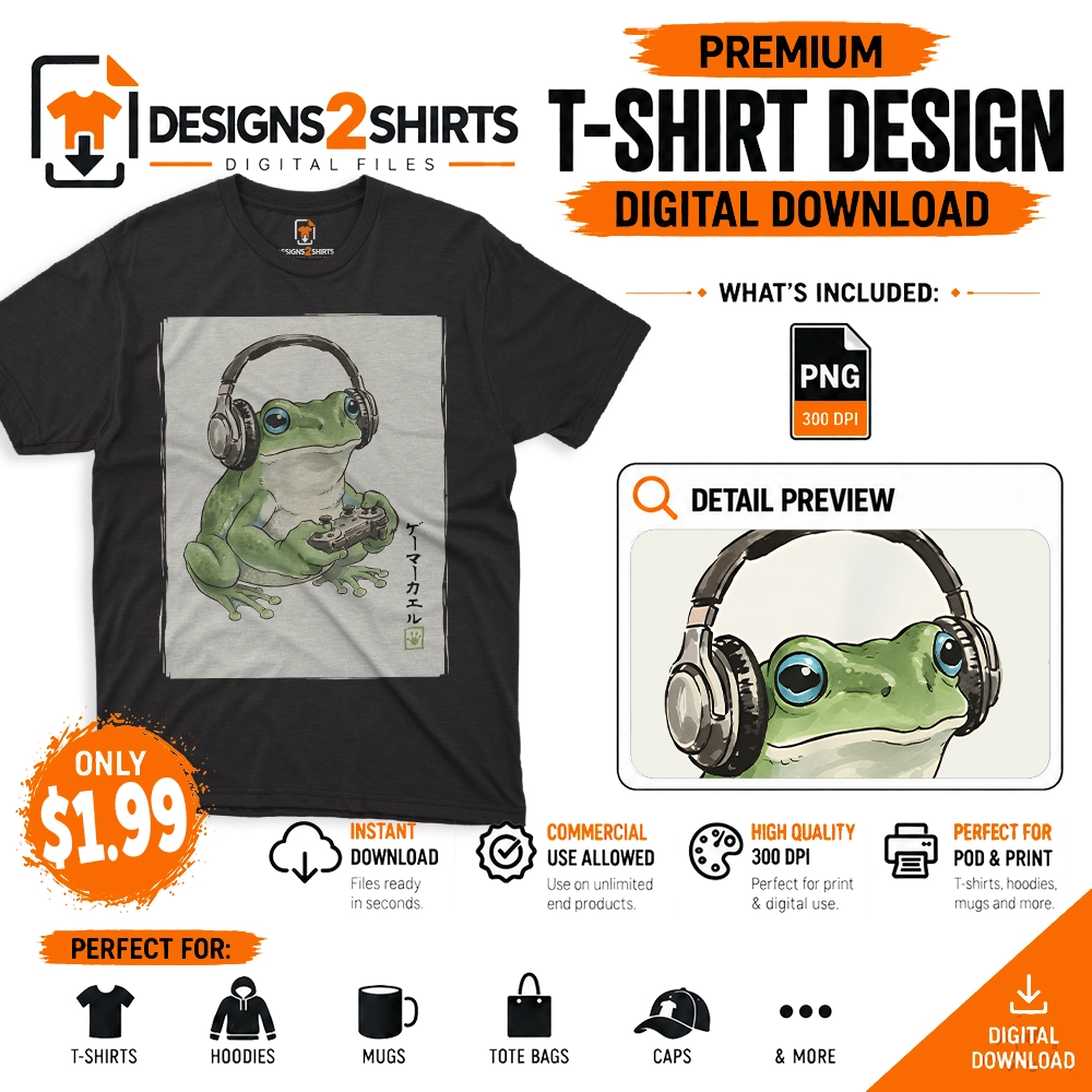 Frog Gamer Retro Art digital PNG download preview
