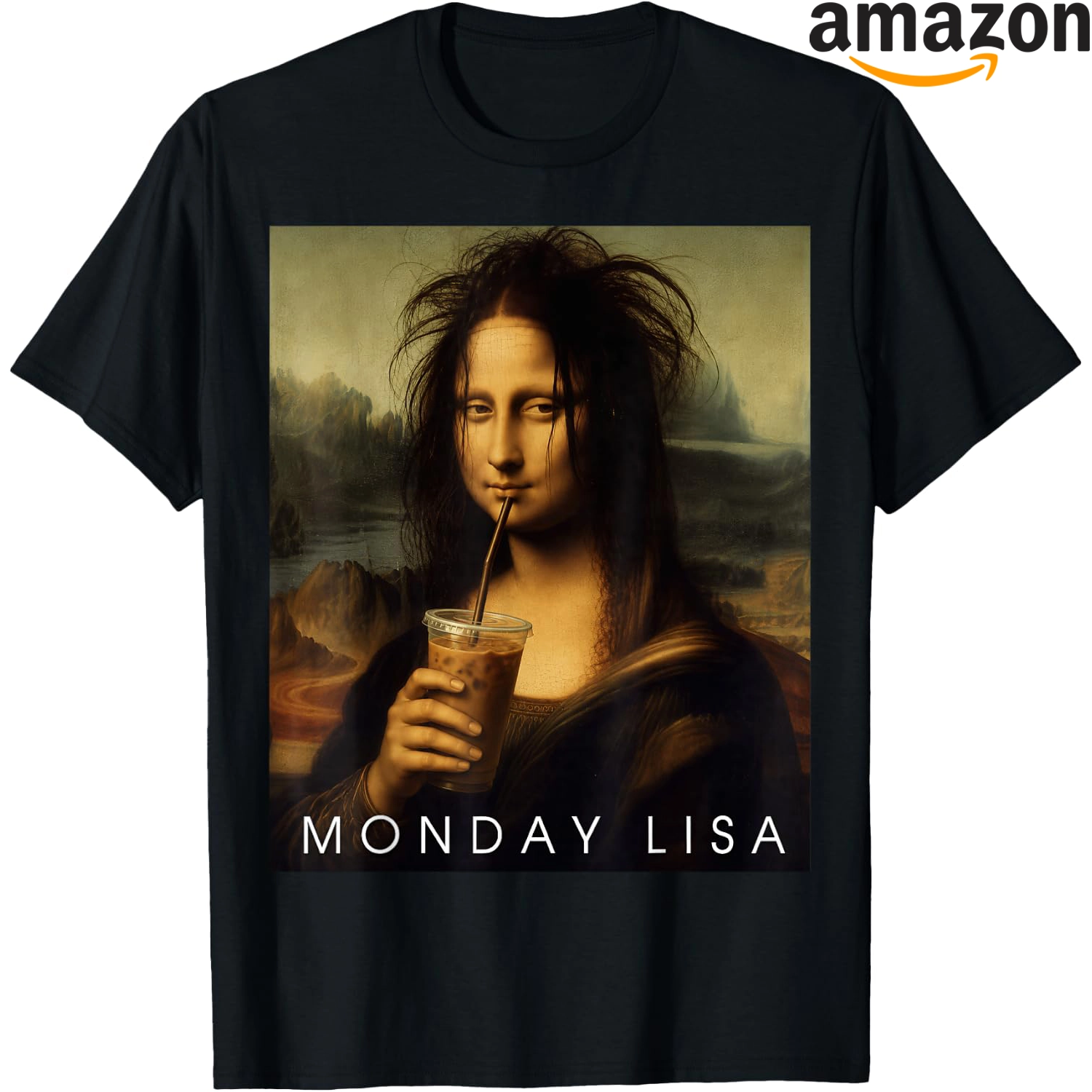 Playful Mona Lisa-inspired portrait beside an iced coffee