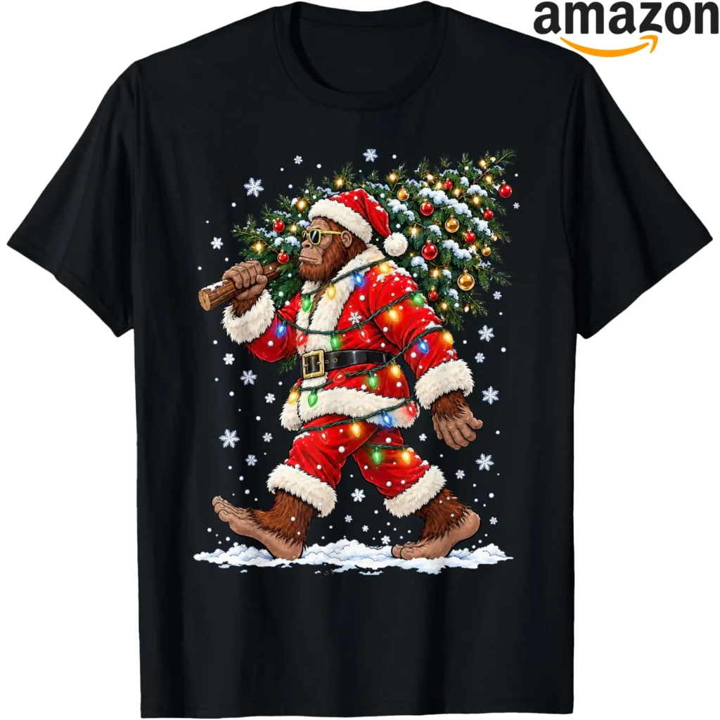 Santa Bigfoot carrying a Christmas tree for a festive holiday scene