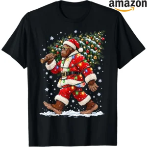 Santa Bigfoot carrying a Christmas tree for a festive holiday scene
