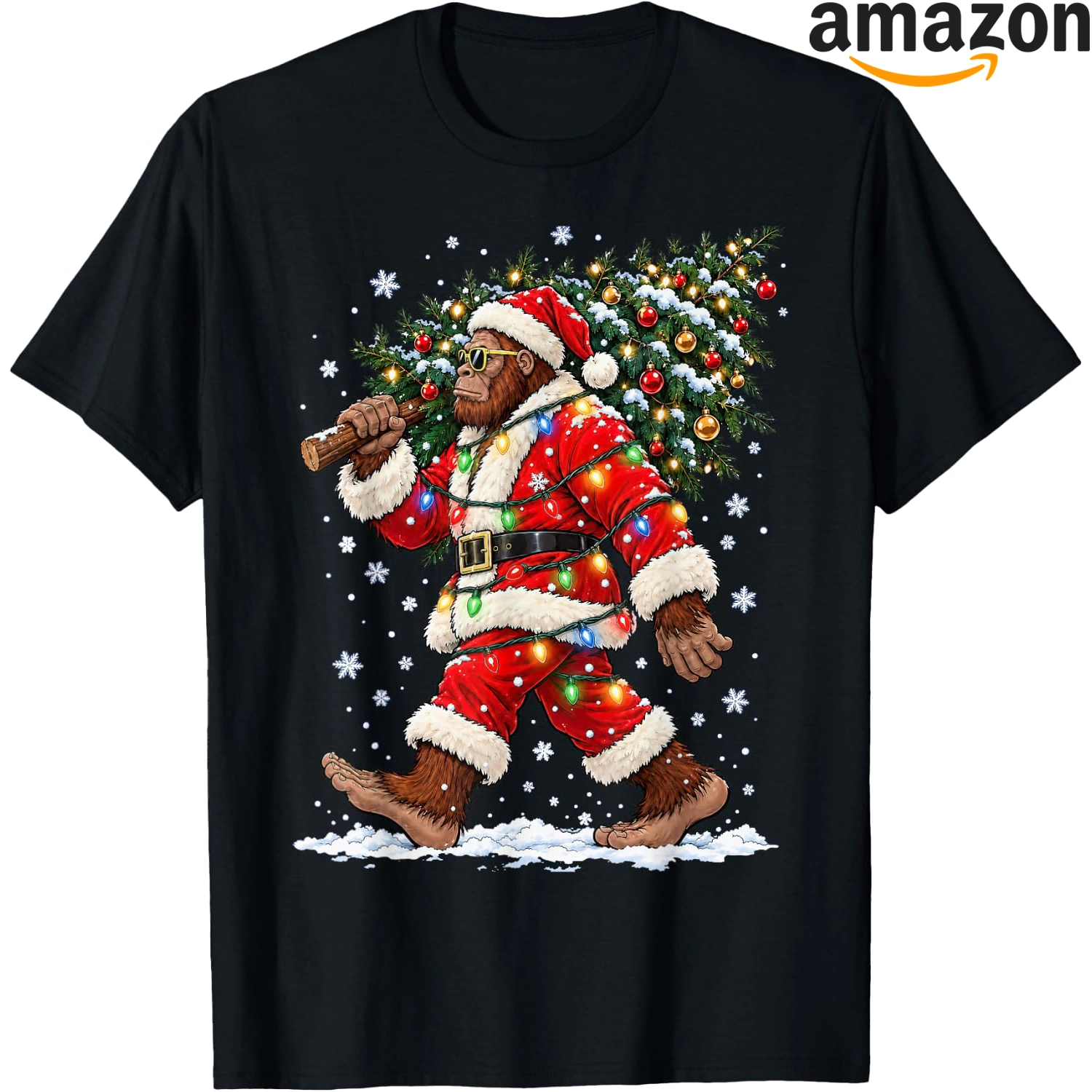 Santa Bigfoot carrying a Christmas tree for a festive holiday scene