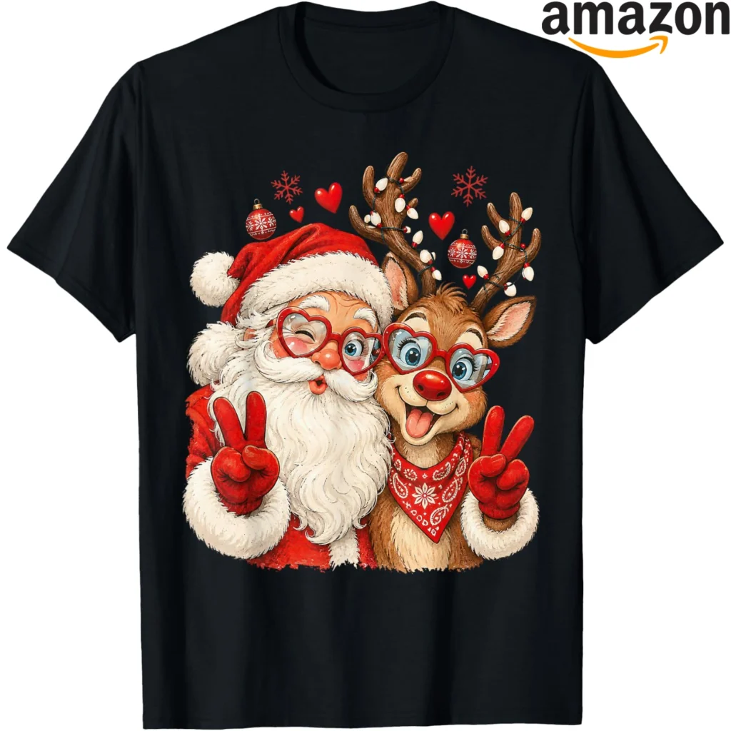 Retro Santa and reindeer holiday graphic for Christmas clothing