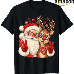 Retro Santa and reindeer holiday graphic for Christmas clothing