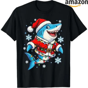 Festive shark shirt graphic with seasonal holiday elements