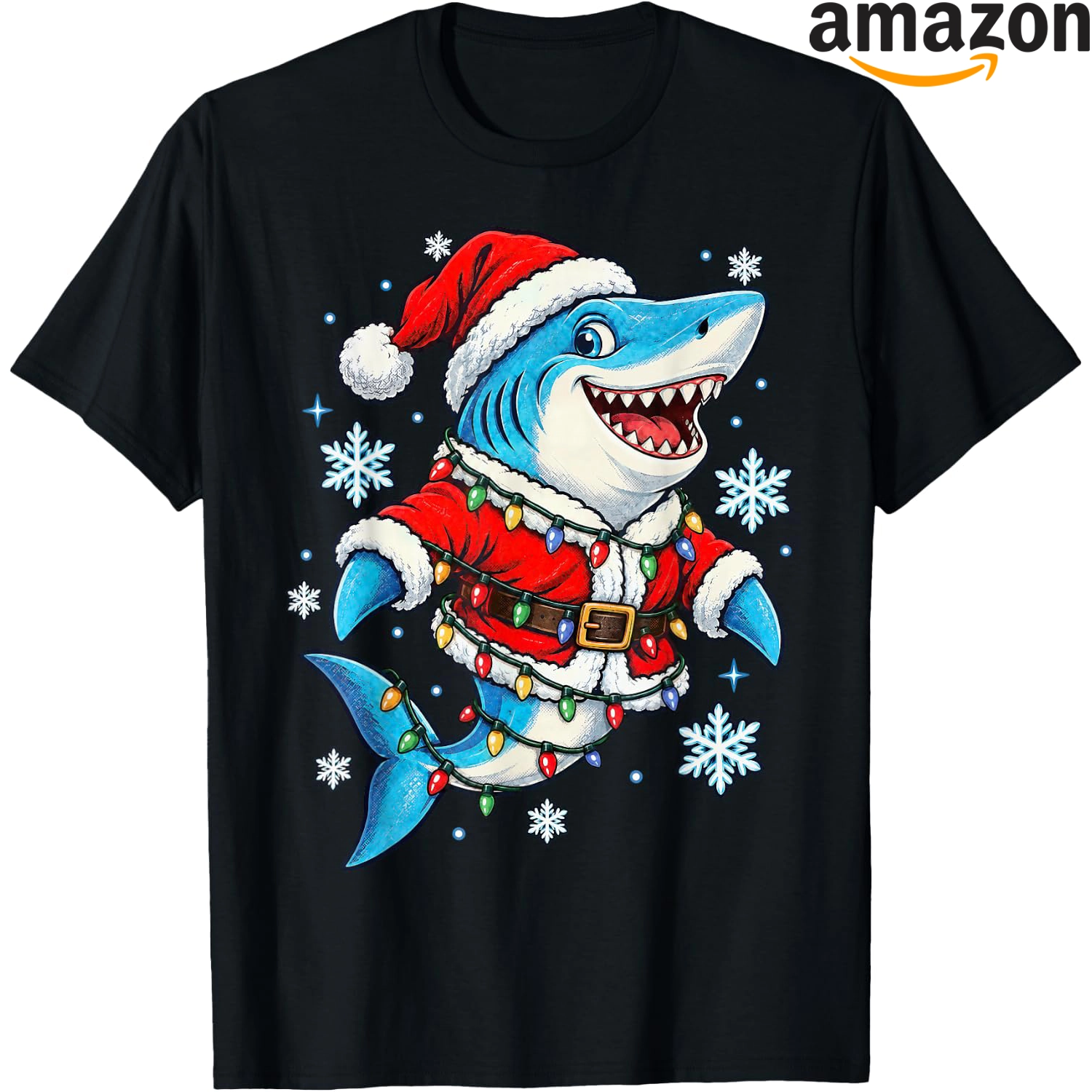 Festive shark shirt graphic with seasonal holiday elements