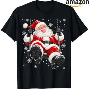 Vintage Santa sitting on a swing with bubble gum in a playful Christmas scene